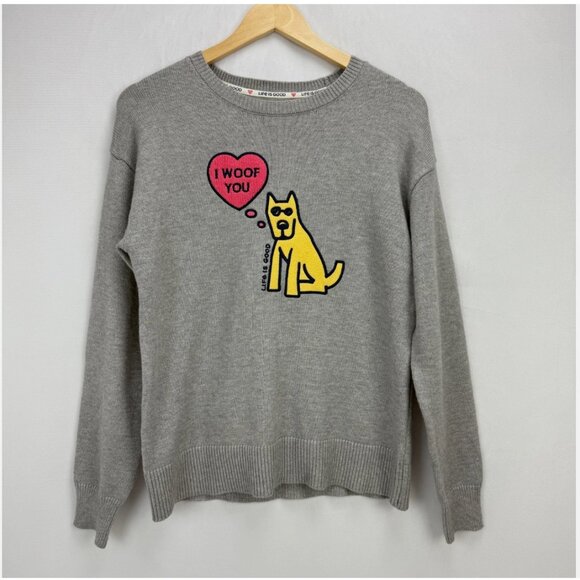 Life is Good I WOOF YOU Gray Knit Sweater NWT Crewneck Dog Pet Lover Gift Preppy - Picture 2 of 12